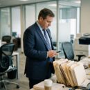 Homme d affaires en costume vérifiant son téléphone dans un bureau moderne