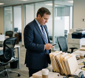 Homme d affaires en costume vérifiant son téléphone dans un bureau moderne