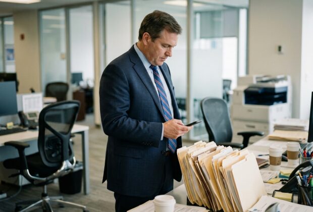 Homme d affaires en costume vérifiant son téléphone dans un bureau moderne