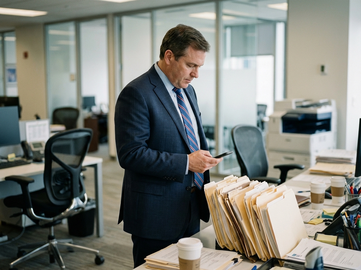 Homme d affaires en costume vérifiant son téléphone dans un bureau moderne