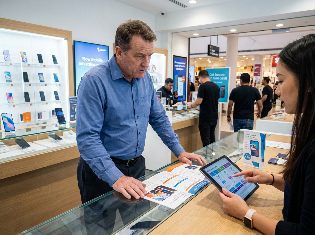Homme consulte plans mobiles dans un magasin de téléphonie
