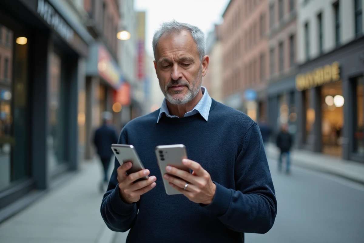 Homme comparant deux modèles Samsung Galaxy en extérieur, test comparatif des smartphones Galaxy