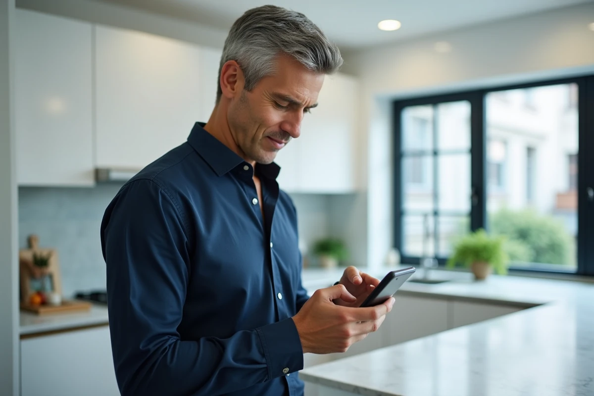 Homme gérant ses paramètres de confidentialité sur une application de messagerie dans une cuisine moderne