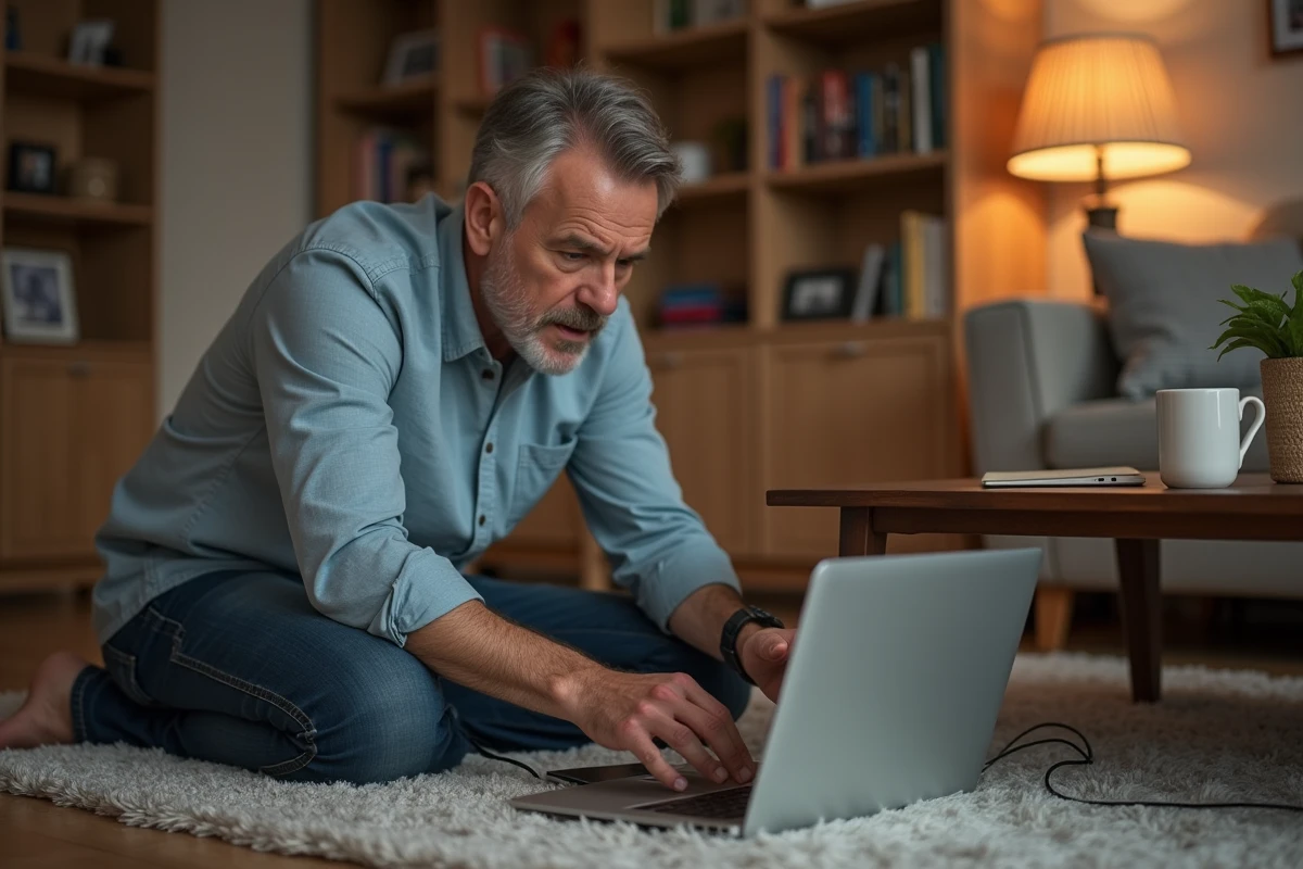 Homme connectant son iPhone à un ordinateur dans le salon