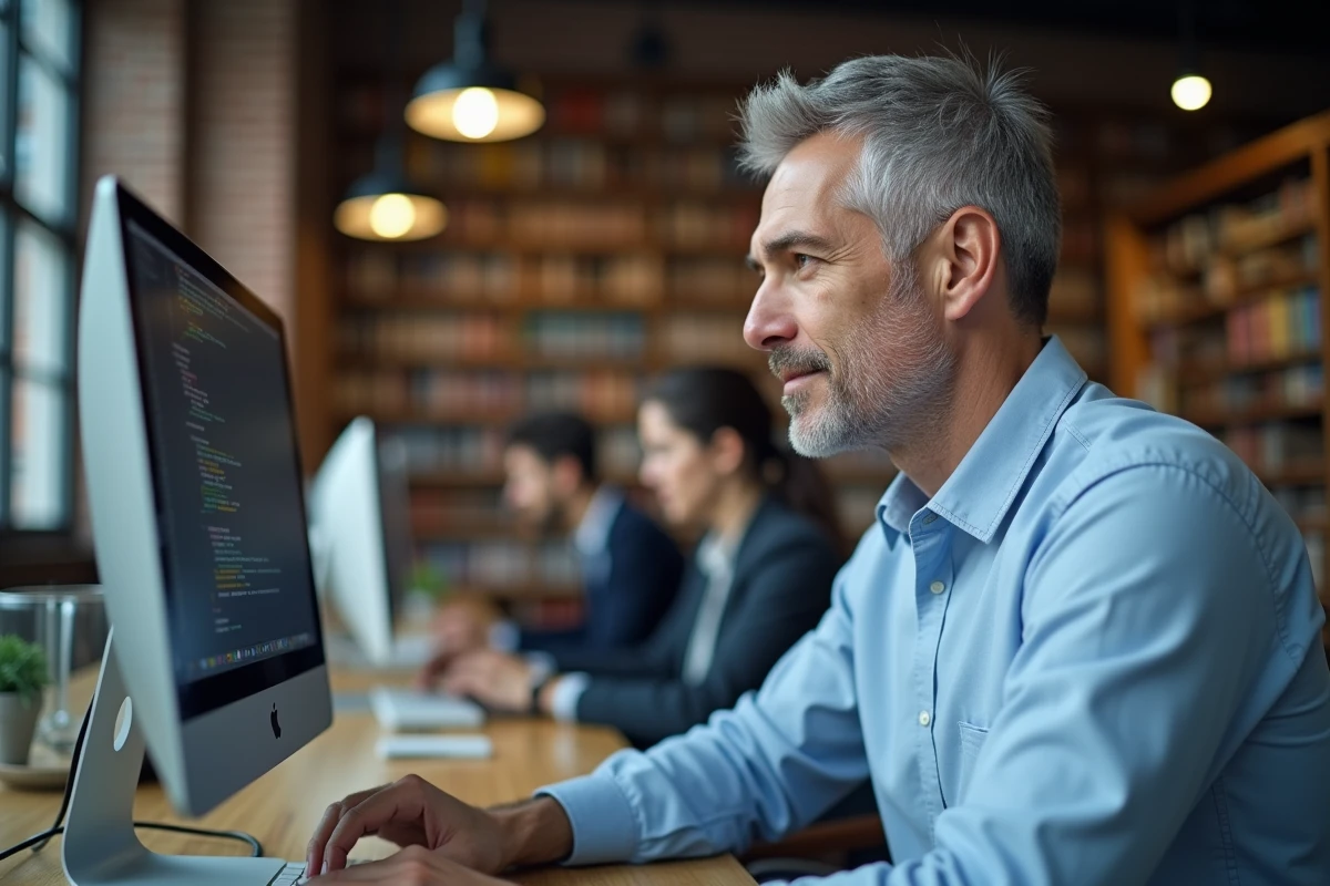 Homme d'âge moyen apprenant à utiliser Framapas dans un espace de coworking ou bibliothèque