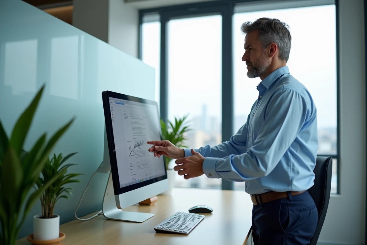 Homme montrant comment ajouter une signature sur un moniteur