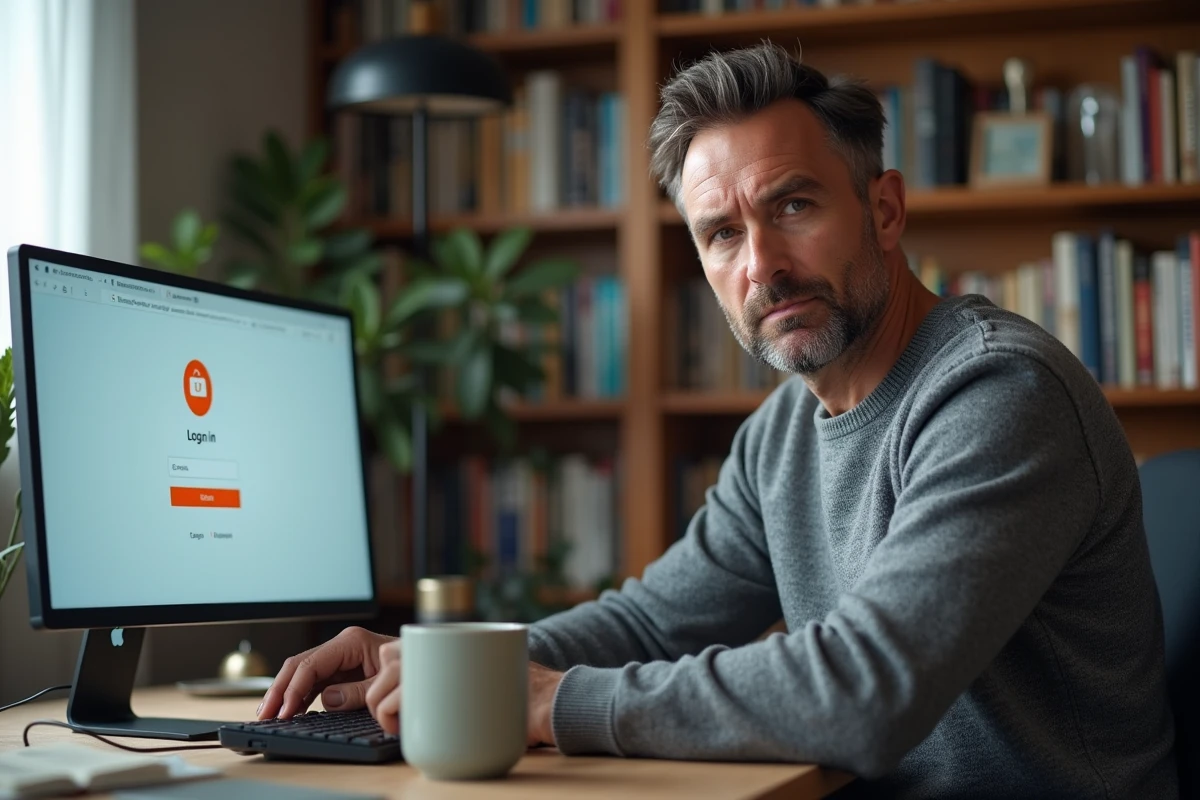 Homme à domicile devant un écran affichant une page de connexion bancaire et un service d'email temporaire, questionnant la sécurité de Yopmail pour les comptes bancaires