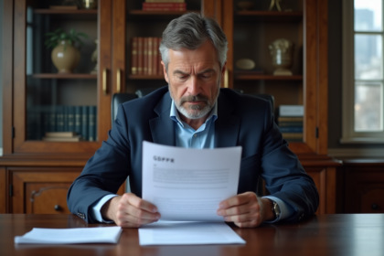Homme d'affaires lisant un document GDPR dans un bureau