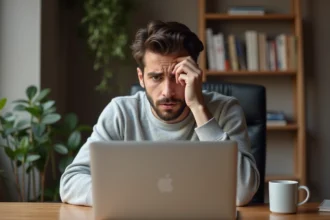 Homme frustré devant un ordinateur portable affichant une page d'erreur de webmail, assis dans un bureau à domicile