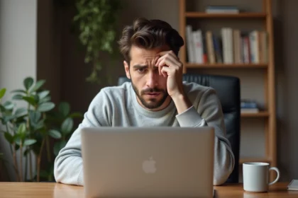 Homme frustré devant un ordinateur portable affichant une page d'erreur de webmail, assis dans un bureau à domicile