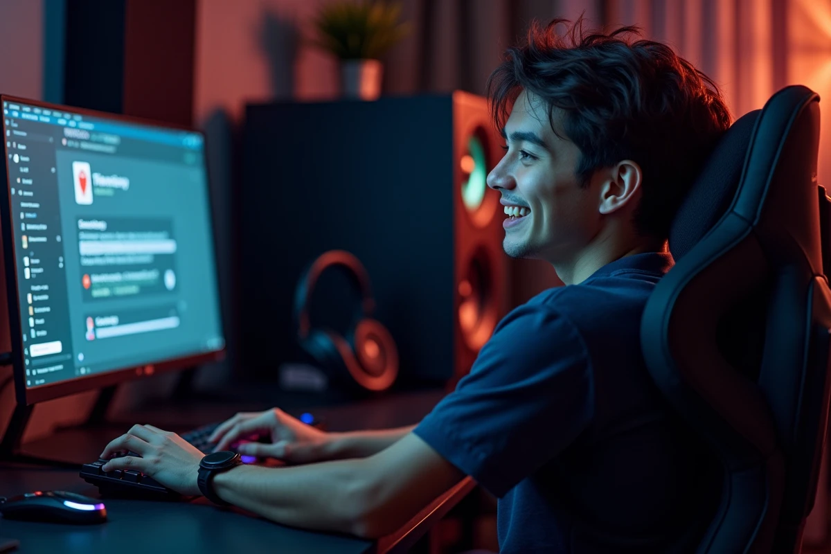 Homme en train de discuter sur Discord avec des messages en italique dans une salle de gaming