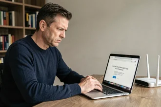 Homme frustré devant un écran d'erreur de l'interface Freebox sur son ordinateur portable à son bureau