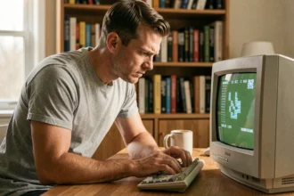 Homme concentré jouant au Démineur sur un vieux moniteur CRT, illustrant les erreurs courantes de débutant