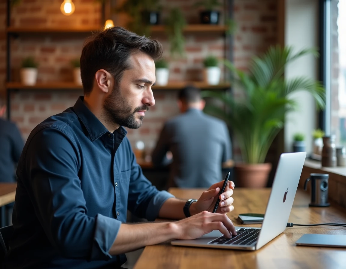 Homme utilisant un MacBook Air M1 connecté à un écran externe dans un café coworking