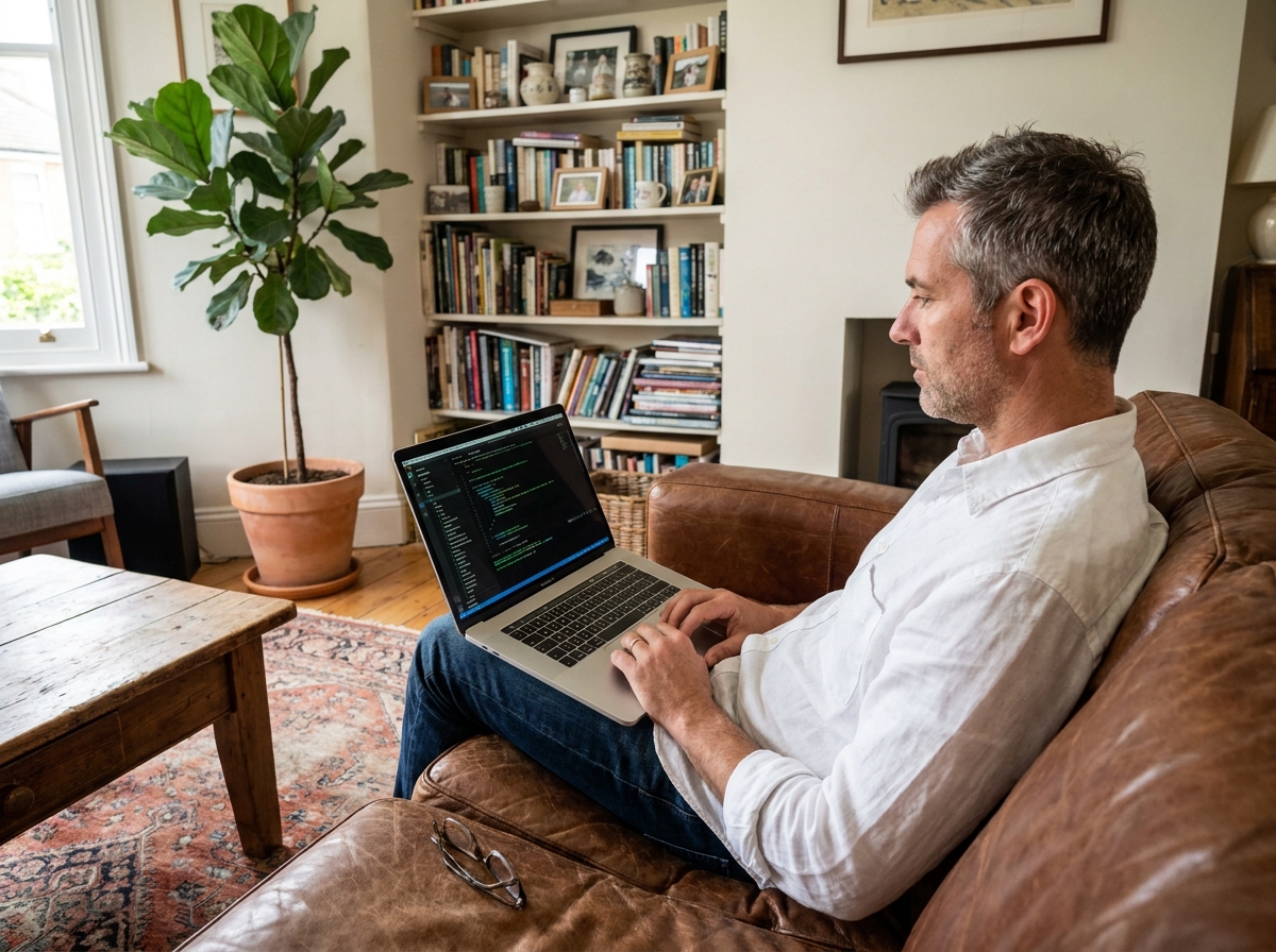 Homme développeur travaillant sur MacBook Pro dans un salon confortable et chaleureux