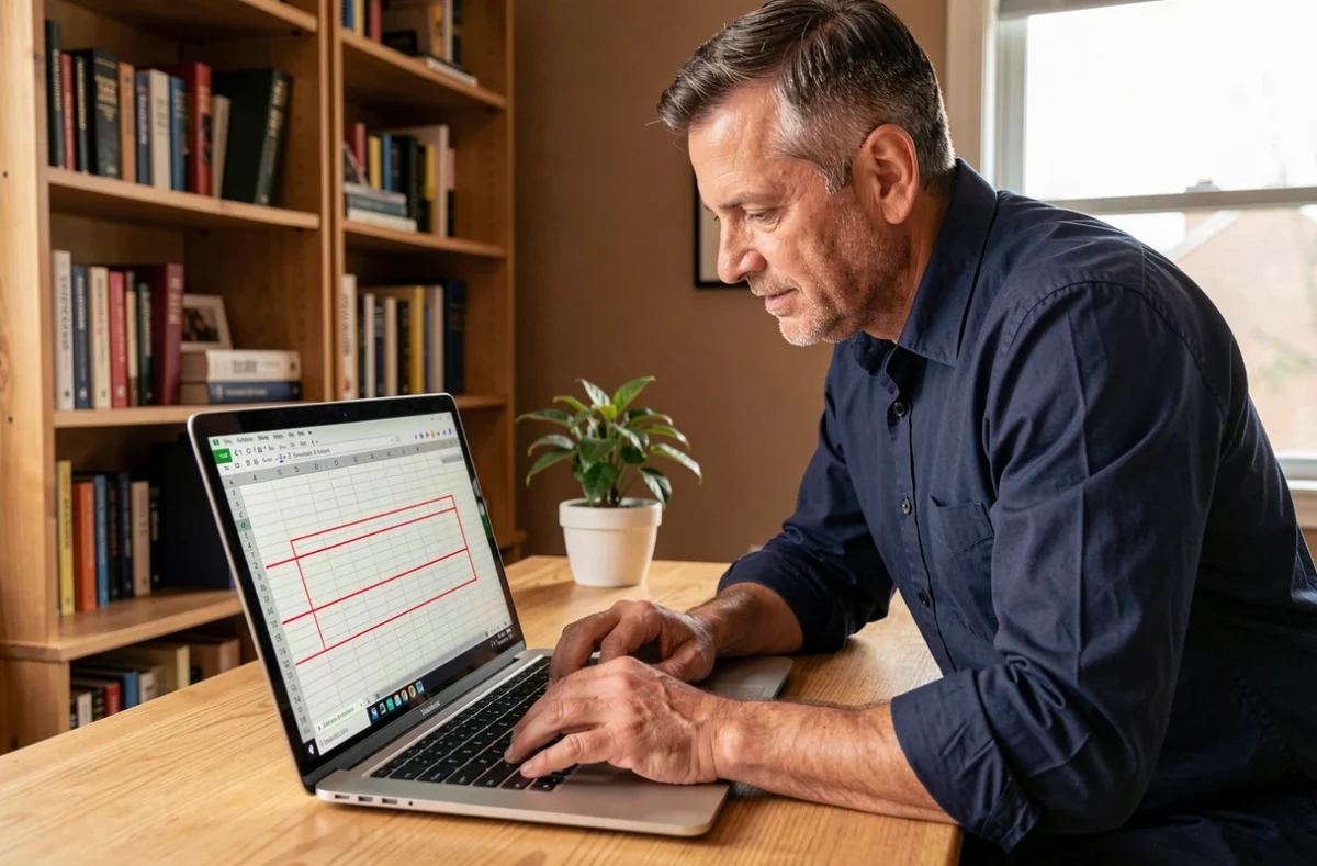 Homme en télétravail nettoyant un fichier Excel avec des lignes vides sur son laptop dans un bureau à domicile