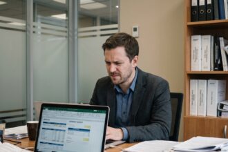 Homme d'affaires en bureau avec factures et rapports