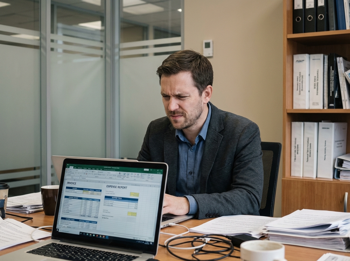 Homme d'affaires en bureau avec factures et rapports