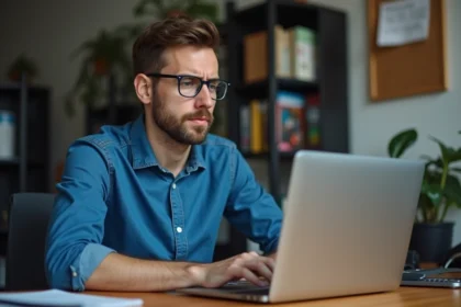 Homme d age moyen vérifiant un ordinateur avec erreur réseau