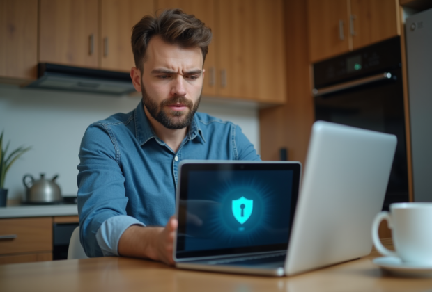 Homme inquiet devant un alert security sur sa tablette