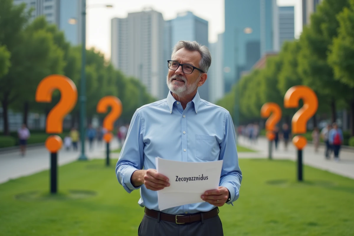 Homme dans un parc urbain avec sculptures de question