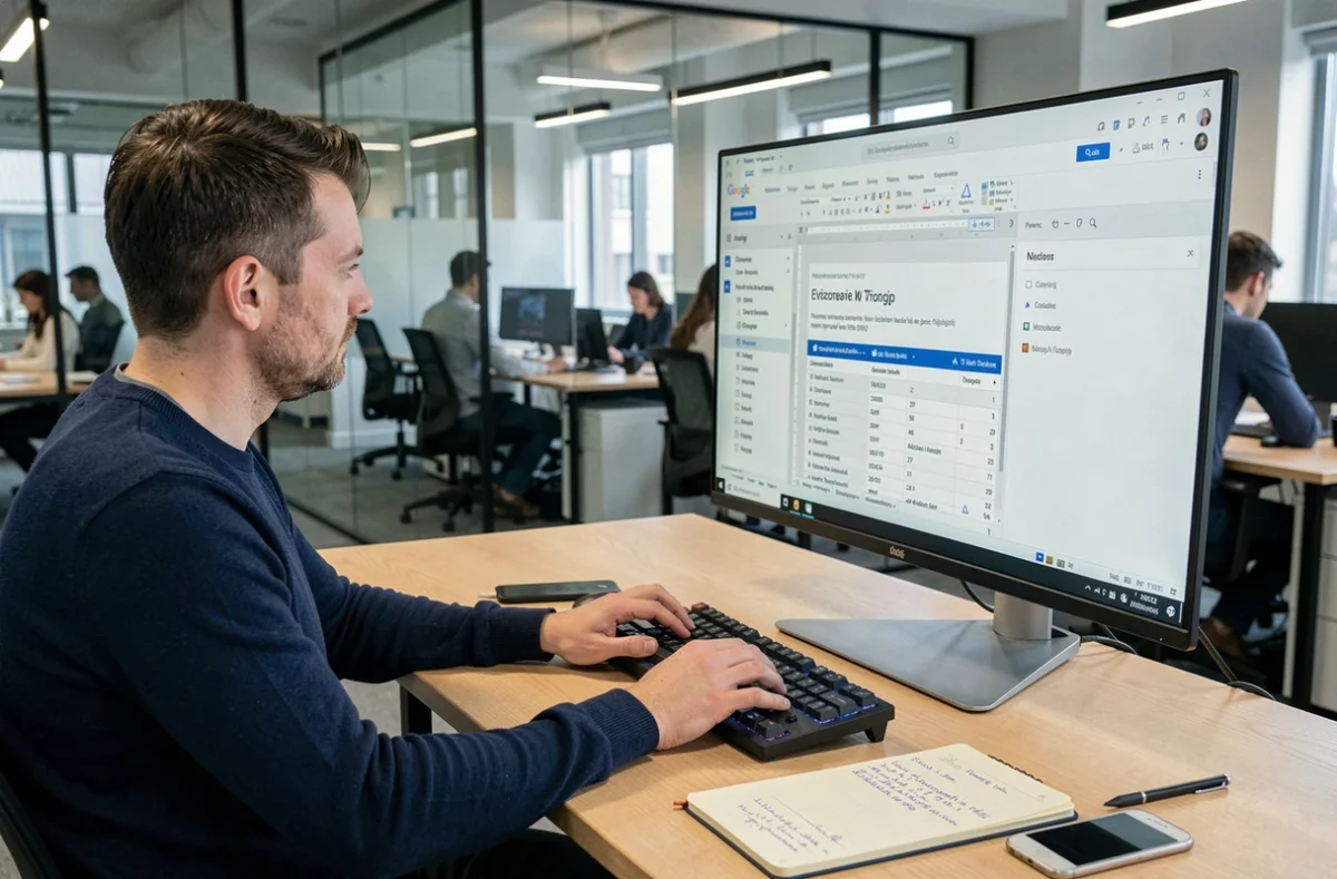 Homme en bureau open-space personnalisant les styles de titres dans Google Docs sur un grand écran externe