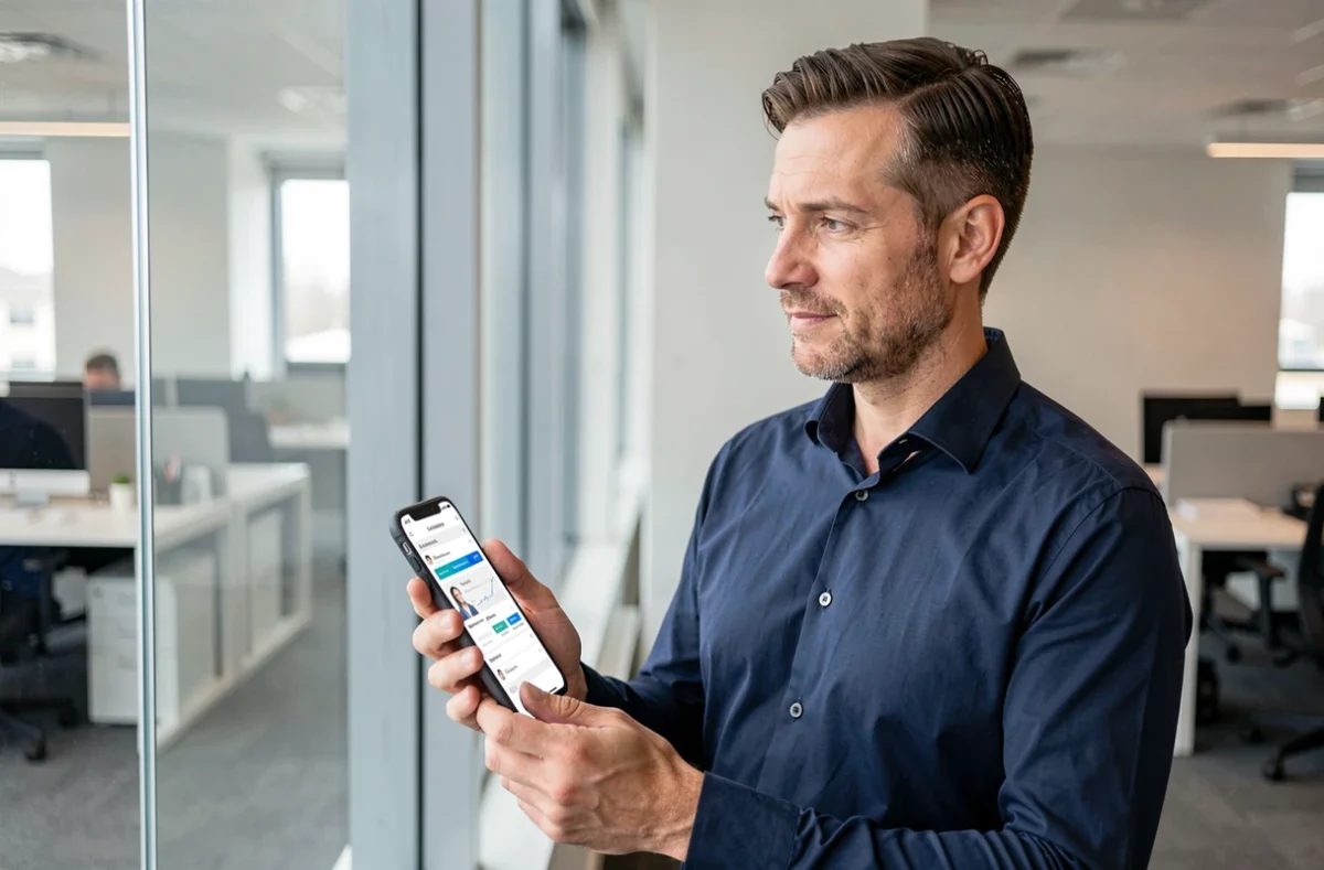 Homme consultant une plateforme RH numérique sur smartphone dans un bureau moderne lors d'un changement d'employeur