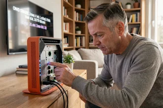 Homme paramétrant une box Orange Livebox pour résoudre le code erreur L11-06 dans un salon moderne