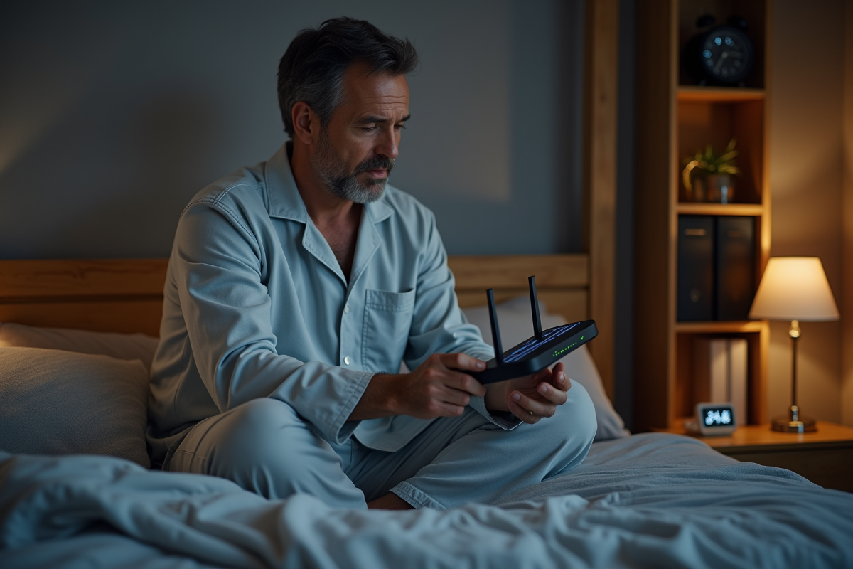Homme en pyjama éteignant un routeur WiFi dans sa chambre