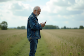 Homme en denim dans un champ en train de scanner le ciel