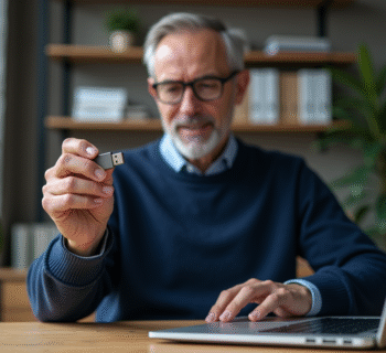 Homme d'âge moyen avec clé USB de sécurité