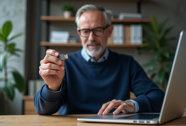 Homme d'âge moyen avec clé USB de sécurité