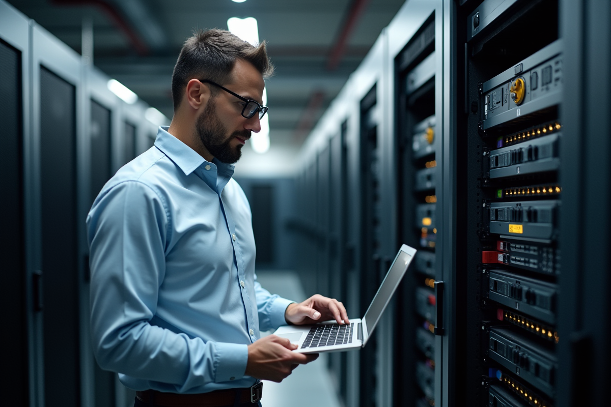 Homme dans une salle serveurs inspectant un rack de câbles