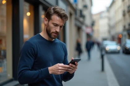 Homme consultant son smartphone en ville pour vérifier la compatibilité 5G SFR