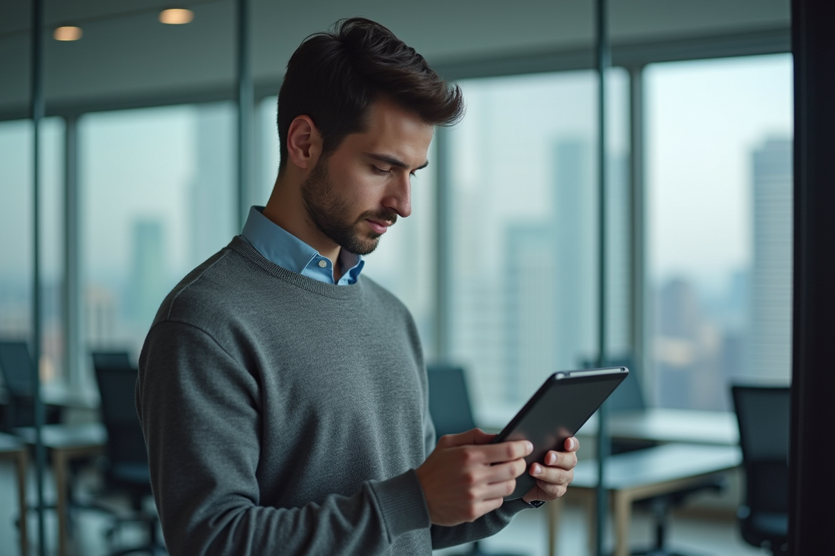 Homme concentré utilisant speech-to-text sur une tablette