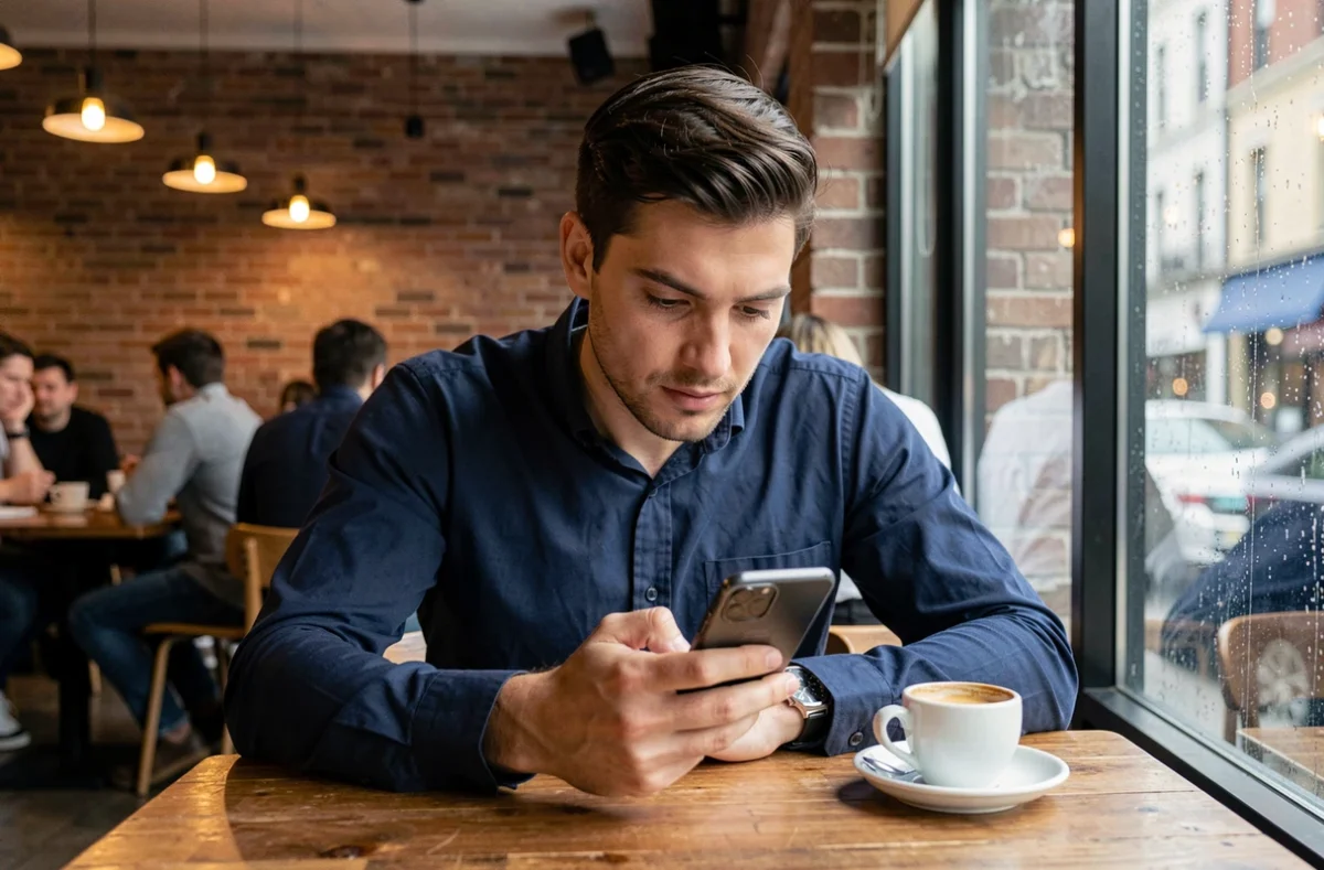 Homme visionnant des stories Instagram anonymement sur son téléphone dans un café