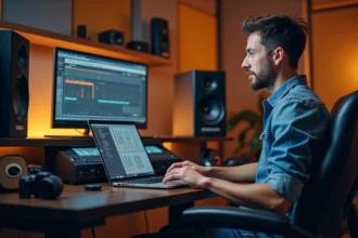 Jeune homme en studio contrôlant un mixeur audio