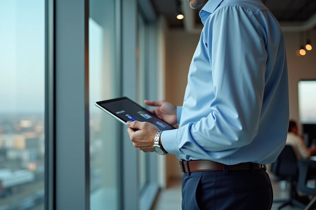 Homme d affaires avec une tablette affichant une conversion de fichiers