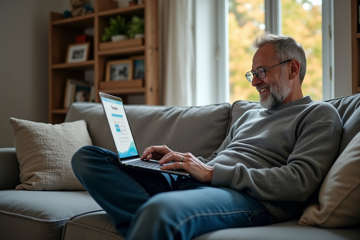 Homme détendu utilisant son ordinateur portable à la maison