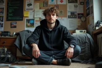 Homme assis sur le sol avec vieux matériel informatique