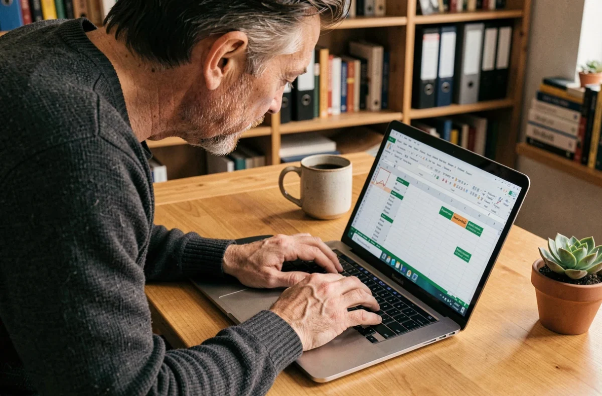 Homme en télétravail utilisant Excel pour figer des colonnes sur ordinateur portable