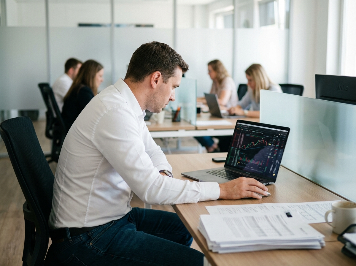 Homme concentré au bureau avec graphique sur écran