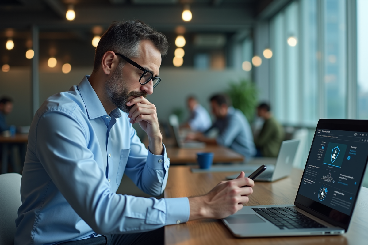 Homme vérifiant ses résultats antivirus sur son ordinateur