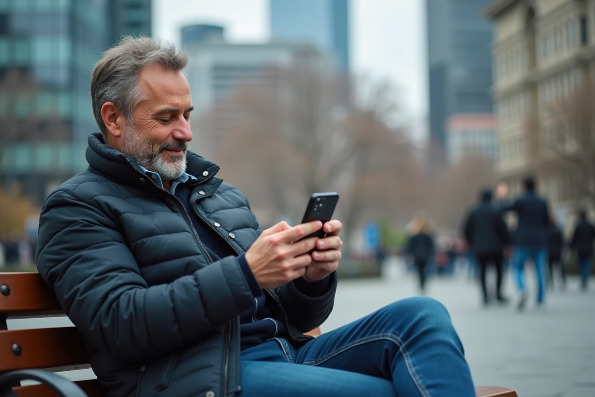 Homme utilisant un Samsung Galaxy A05s en extérieur dans un cadre urbain pour tester ses fonctionnalités