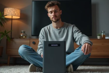 Homme examinant un modem internet avec code erreur dans un salon moderne