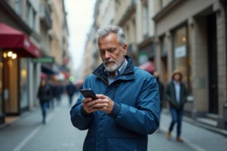 Homme d'âge moyen dans la ville regardant son smartphone