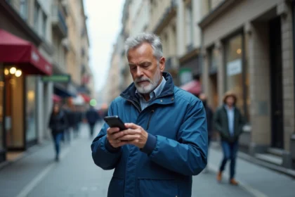 Homme d'âge moyen dans la ville regardant son smartphone