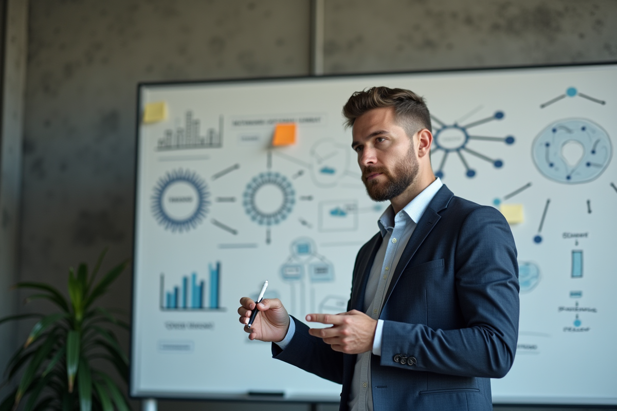 Homme analysant un tableau blanc avec diagrammes de réseau