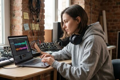 Compositrice utilisant une interface d'intelligence artificielle pour créer des bandes-son musicales sur ordinateur dans un studio home