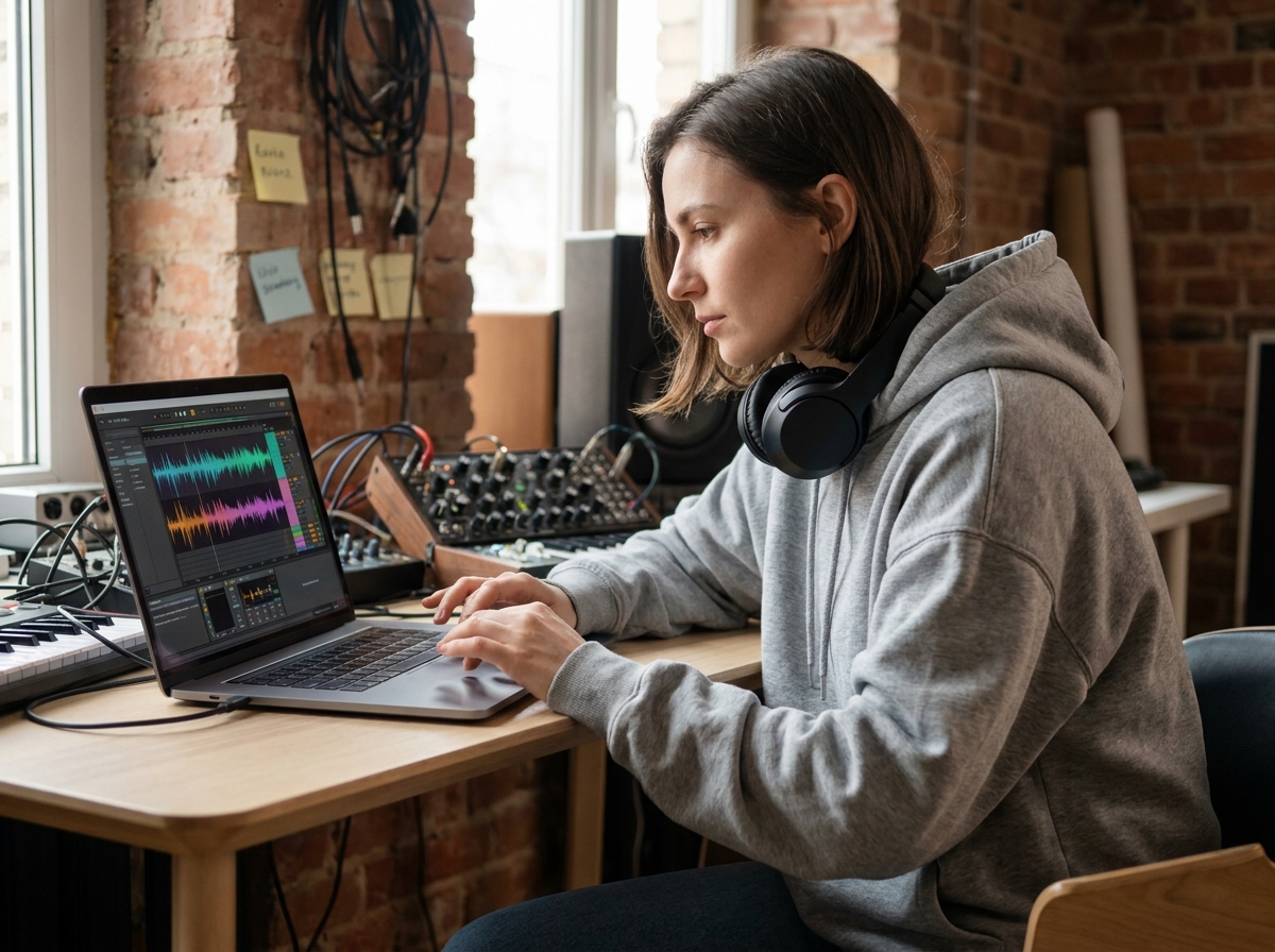 Compositrice utilisant une interface d'intelligence artificielle pour créer des bandes-son musicales sur ordinateur dans un studio home